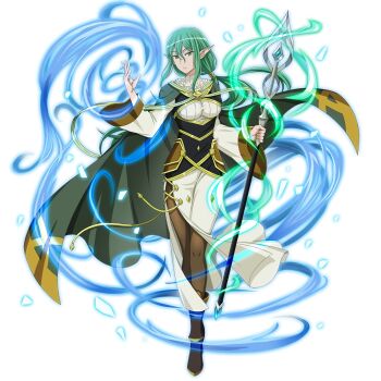 10s 1girl belt cloak coat colored_skin crosier dress dungeon_ni_deai_wo_motomeru_no_wa_machigatteiru_darou_ka elf full_body green_eyes green_hair highres long_hair official_art pointy_ears riveria_ljos_alf smile staff sword_oratoria weapon white_skin