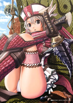 Rule 34 | 1girl, :o, against wall, armor, ass, belt, blue eyes, boots, capcom, cloud, day, dual wielding, embarrassed, female focus, gloves, hat, highres, holding, knee boots, legs up, looking at viewer, monster hunter (series), monster hunter frontier, outdoors, panties, pantyshot, pleated skirt, pouch, red legwear, rioduo (armor), rock, scales, short hair, silver hair, sitting, skirt, sky, solo, surprised, sword, thigh strap, underwear, upskirt, v-mag, weapon, white panties, yama tsukami
