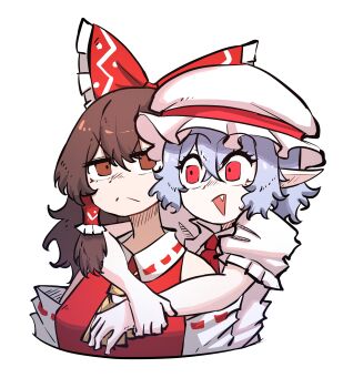 Rule 34 | 2girls, absurdres, ascot, blue hair, bow, brown eyes, brown hair, closed mouth, collared shirt, commentary, english commentary, fang, frilled bow, frilled hair tubes, frilled shirt collar, frills, frown, hair between eyes, hair bow, hair tubes, hakurei reimu, hat, highres, hug, hug from behind, medium hair, mob cap, multiple girls, open mouth, pointy ears, puffy short sleeves, puffy sleeves, red ascot, red bow, red eyes, red shirt, remilia scarlet, revision, shirt, short sleeves, sidelocks, sleeveless, sleeveless shirt, smug suriipi, touhou, white shirt, yellow ascot
