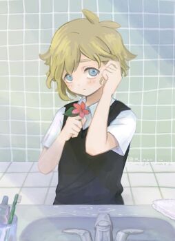 1boy antenna_hair basil_(faraway)_(omori) basil_(omori) bathroom blonde_hair blue_eyes blush closed_mouth collared_shirt commentary_request double-parted_bangs flower green_sweater_vest hair_between_eyes highres holding holding_flower indoors looking_at_viewer male_focus omori panyanonidaime shirt short_hair short_sleeves sidelocks sink solo sweater_vest toothbrush twitter_username white_shirt