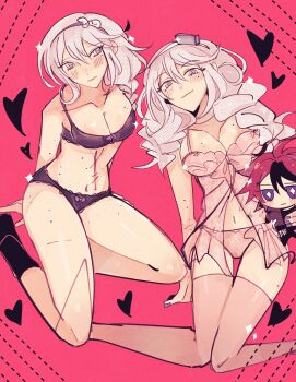 Rule 34 | 2girls, absurdres, black bra, black hairband, black panties, blue eyes, bra, braid, breasts, bright pupils, character doll, cleavage, commentary, doll, english commentary, grey eyes, grey hair, hairband, heart, highres, holding, holding stuffed toy, kashimiya karua, kirifuji nozomi, long hair, looking at viewer, medium breasts, multicolored hair, multiple girls, navel, panties, pink bra, pink panties, pink thighhighs, purple nails, red background, red hair, scar, scar on stomach, short hair, star-shaped pupils, star (symbol), streaked hair, stuffed animal, stuffed toy, sumino takumi, symbol-shaped pupils, takueitaku, the hundred line -last defense academy-, thighhighs, underwear, white hairband, white pupils