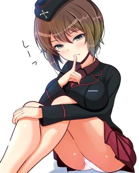 Rule 34 | 1girl, ass, breasts, brown eyes, brown hair, crotch, finger to mouth, girls und panzer, gratin (kumaisao), highres, kuromorimine military uniform, large breasts, looking at viewer, military uniform, miniskirt, nishizumi maho, panties, pantyshot, red skirt, short hair, simple background, skirt, smile, solo, underwear, white background, white panties