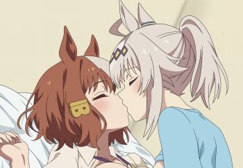 2girls ahoge animal_ears belno_light_(umamusume) blue_shirt brown_hair closed_eyes collared_shirt commentary cropped eufoniuz grey_hair hair_ornament highres horse_ears horse_girl kiss multicolored_hair multiple_girls oguri_cap_(umamusume) ponytail shirt short_hair umamusume white_shirt yuri