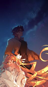 1boy 1girl blush bow brown_hair brown_jacket brown_shirt hair_bow heathcliff_(project_moon) highres ishmael_(project_moon) jacket limbus_company long_hair mercuryhx night night_sky orange_eyes orange_hair outdoors project_moon purple_eyes shirt sky star_(sky) very_long_hair white_bow white_jacket