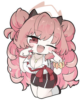 1girl ;d black_shoes blue_archive blush_stickers breasts brown_hair brown_skirt chibi collared_shirt double_bun dress_shirt fang fingernails fingers_to_cheeks full_body hair_bun halo hands_up horns kirara_(blue_archive) large_breasts long_fingernails long_hair looking_at_viewer miranofuudoria nail_polish one_eye_closed open_mouth red_eyes red_nails shirt shoes simple_background skirt smile socks solo very_long_hair white_background white_shirt white_socks