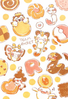 Rule 34 | absurdres, blush, cacnea, checkerboard cookie, chimecho, commentary request, cookie, dustox, food, gen 1 pokemon, gen 2 pokemon, gen 3 pokemon, gen 4 pokemon, heart, heart-shaped cookie, heart-shaped food, highres, meowth, mime jr., nintendo, poke ball, pokemon, pokemon (anime), pokemon (creature), seviper, speech bubble, team rocket, thought bubble, thumbprint cookie, traditional media, wobbuffet, yukichi 0611