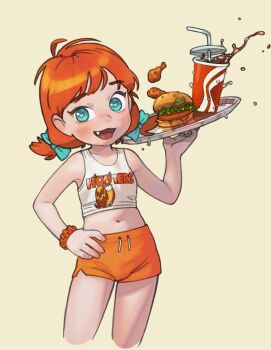 1girl blue_bow blue_eyes blush bow burger chicken_(food) child crop_top cropped_legs cup disposable_cup drinking_straw fang female_focus flat_chest food hair_bow hand_on_own_hip heart heart-shaped_pupils highres hooters lettuce low_twintails midriff navel open_mouth orange_hair orange_shorts pickle possummachine raised_eyebrow scrunchie shorts soda solo symbol-shaped_pupils tray twintails waitress wendy's wendy_(wendy's) wrist_scrunchie