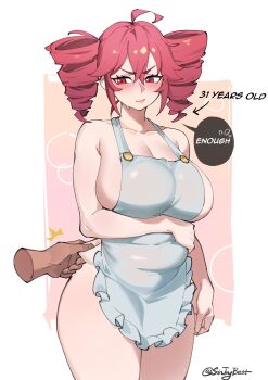 1girl ^^^ absurdres ahoge apron arm_under_breasts arrow_(symbol) bad_id bad_twitter_id blush border breasts character_age closed_mouth commentary cowboy_shot crossed_bangs disembodied_hand drill_hair embarrassed english_commentary english_text frilled_apron frills hair_between_eyes highres kasane_teto large_breasts legs_together looking_down naked_apron outside_border pinching plump red_eyes red_hair sin_(sintrybest) small_sweatdrop solo_focus speech_bubble standing twin_drills twitter_username utau white_apron white_border