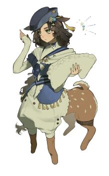 1girl :t animal_ears blue_flower blue_hat blue_shirt cannibal13586 centauroid cropped_legs deer_ears deer_girl deer_tail flower green_eyes hair_flower hair_ornament hat highres holding holding_pillow jessica_(reverse:1999) jessica_(voyage_from_your_bed)_(reverse:1999) layered_sleeves long_braid long_sleeves looking_to_the_side official_alternate_costume pillow reverse:1999 sailor_collar shirt short_over_long_sleeves short_sleeves shorts solo tail taur white_background white_flower white_shorts