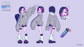 1girl artist_request asymmetrical_legwear bag black_bag black_necktie black_skirt collared_shirt commentary_request concept_art copyright_name from_behind from_side grey_sweater hand_up highres loose_socks miniskirt mismatched_legwear multiple_views necktie nira-chan open_mouth pink_eyes pink_hair production_art purple_hair purple_shoes reference_sheet school_bag school_uniform second-party_source shirt shoes short_hair skirt sleeves_past_fingers sleeves_past_wrists socks sweater thigh_strap white_shirt white_socks zutto_mayonaka_de_ii_no_ni