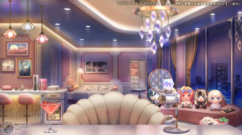 apple armchair bag bed bedroom book book_stack bookshelf bottle building ceiling_light chair chandelier character_doll cherry closet cloud cocktail cocktail_glass coffee_table compact_(cosmetics) controller copyright_notice cosmetics couch counter cup curtains desk_microphone dog doll drinking_glass earphones food fruit game_console game_controller glass_door_refrigerator grapes handheld_game_console hanging_light hiodoshi_ao hololive hololive_dev_is ichijou_ririka indoors juufuutei_raden lamp lipstick_tube makeup_brush mascara_wand microphone minifridge mizushishi night official_art otonose_kanade pet_bed photo_(object) picture_frame pillow playstation_5 poodle pop_filter refrigerator rug scenery sky skyscraper star_(sky) starry_sky stool studio_microphone table todoroki_hajime virtual_youtuber window wine_bottle