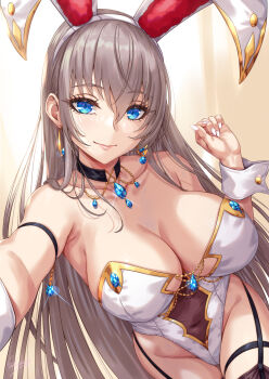 Rule 34 | 1girl, animal ears, arm strap, bare shoulders, breasts, claws, cleavage, closed mouth, commentary request, earrings, fake animal ears, grey hair, highres, jewelry, large breasts, leotard, long hair, looking at viewer, original, playboy bunny, rabbit ears, sakiyamama, smile, solo, white leotard, white nails, wrist cuffs