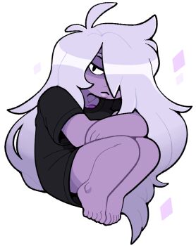 1girl alternate_costume amethyst_(steven_universe) barefoot chest_jewel colored_skin discount-supervillain gem hair_over_one_eye long_hair plump purple_skin solo steven_universe white_hair