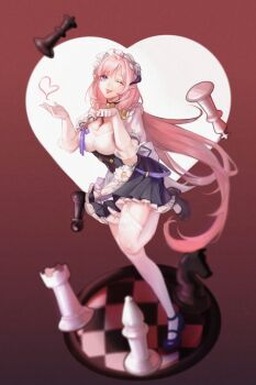 1girl absurdres apron bishop_(chess) black_dress black_shoes blue_eyes breasts chess_piece chessboard cleavage commentary_request dress elf elysia_(honkai_impact) elysia_(miss_pink)_(honkai_impact) elysia_(miss_pink_elf)_(honkai_impact) fake_horns garter_straps gloves heart heart_background high_heels highres honkai_(series) honkai_impact_3rd horns hulai_de_gou_sheng knight_(chess) large_breasts long_hair looking_at_viewer maid maid_apron maid_headdress one_eye_closed pawn_(chess) pink_hair pointy_ears queen_(chess) red_background rook_(chess) shoes solo standing standing_on_one_leg thighhighs thighs tongue tongue_out white_apron white_gloves white_thighhighs