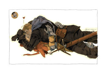 Rule 34 | 2boys, belt, belt pouch, black pants, black tunic, blonde hair, brown belt, brown hair, commentary, english commentary, feet out of frame, gauntlets, hans capon, heart, henry of skalitz, highres, hug, kingdom come: deliverance ii, kiss, knee pads, long sleeves, lying, lying on person, male focus, multiple boys, on back, pants, pouch, red shawl, shawl, sword, thi (just minhthi), tunic, twitter username, weapon, yaoi