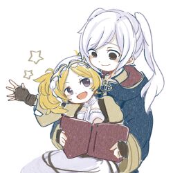 Rule 34 | 2girls, :d, black coat, blonde hair, book, brown gloves, closed mouth, coat, commentary request, dress, fingerless gloves, fire emblem, fire emblem awakening, gloves, highres, holding, holding book, lissa (fire emblem), looking at another, multiple girls, nintendo, open book, open mouth, robin (female) (fire emblem), robin (fire emblem), smile, star (symbol), tetora mm, twintails, white background, white hair