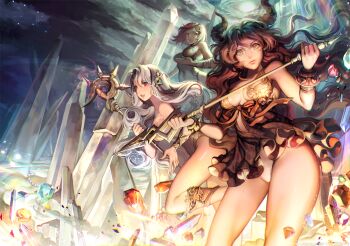 3girls bare_shoulders black_hair breasts caesty cleavage commentary_request crystal dress fantasy gem horns lips long_hair looking_at_viewer multiple_girls nose original pinky_out polearm short_hair silver_hair spear staff strapless strapless_dress thighs weapon