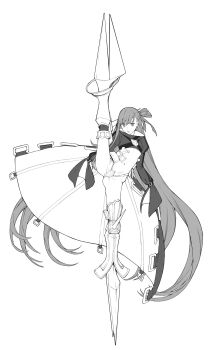 10s 1girl armor armored_boots boots commentary_request crotch_plate daftbonkers fate/extra fate/extra_ccc fate_(series) female_focus full_body greyscale groin_tendon hair_ribbon high_kick highres kicking long_hair long_sleeves meltryllis_(fate) monochrome navel purple_hair revealing_clothes ribbon simple_background solo split standing standing_on_one_leg standing_split very_long_hair white_background