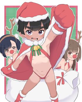 3girls antlers bell black_hair blush boots brown_eyes brown_hair bubukka cape fake_antlers flat_chest fur_trim gloves hat heart heart-shaped_pupils horns loli looking_at_viewer mikan_(bubukka) multiple_girls navel one-piece_tan open_mouth original purple_eyes red_nose reindeer_antlers sack santa_costume santa_hat short_hair smile standing swimsuit symbol-shaped_pupils tachibana_momoka_(bubukka) tan tanline yariharu_uri_(bubukka)