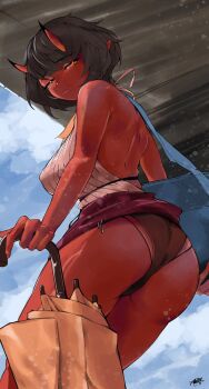 Rule 34 | 1girl, ass, bare shoulders, blue sky, breasts, brown hair, cloud, colored skin, commentary request, from below, highres, holding, holding umbrella, horns, large breasts, looking at viewer, oni, original, outdoors, qraza, red eyes, red skin, sky, solo, umbrella