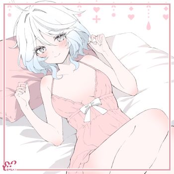 1girl bed blue_hair bow bowtie dodosako drop-shaped_pupils framed furina_(genshin_impact) genshin_impact heart highres light_blue_hair lying mismatched_pupils on_back on_bed pillow short_hair simple_background sleepwear solo symbol-shaped_pupils white_bow white_bowtie