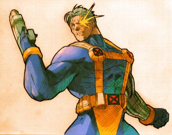 Rule 34 | 1boy, belt, bengus, bodysuit, cable (marvel), capcom, clenched hand, game cg, glowing, glowing eye, gun, handgun, highres, holding, holding gun, holding weapon, looking to the side, male focus, marvel, marvel vs. capcom, marvel vs. capcom 2, multicolored bodysuit, muscular, muscular male, non-web source, official art, prosthesis, prosthetic arm, scan, sidelighting, simple background, solo, standing, superhero costume, teeth, two-tone bodysuit, utility belt, weapon, white hair, x-men, yellow bodysuit