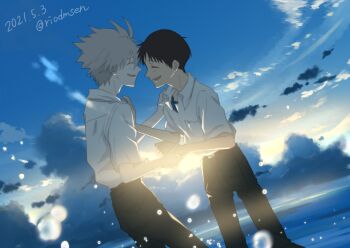 Rule 34 | 2boys, belt, black hair, closed eyes, cloud, cloudy sky, collared shirt, day, grey hair, highres, holding hands, ikari shinji, male focus, multiple boys, nagisa kaworu, neon genesis evangelion, pants, riodmsen, school uniform, shirt, shirt tucked in, short hair, sky, smile, standing, water, yaoi