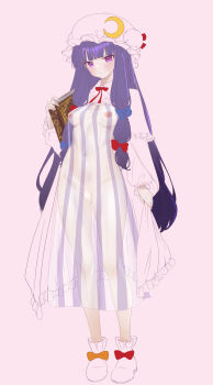 1girl blank_censor blush book boots bow breasts censored coat commentary_request crescent crescent_hat_ornament hair_bow hat hat_ornament highres holding holding_book long_hair looking_at_viewer mob_cap naked_coat navel nipples nude partially_colored patchouli_knowledge purple_eyes purple_hair pussy ribbon see-through_clothes simple_background soara_shimomo solo striped_clothes touhou unfinished vertical-striped_clothes white_boots