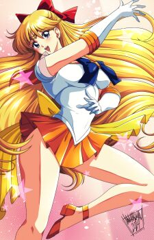 Rule 34 | 1girl, absurdres, aino minako, back bow, bishoujo senshi sailor moon, blonde hair, blue eyes, bow, breasts, danmakuman, elbow gloves, gloves, high heels, highres, large breasts, leotard, long hair, looking at viewer, open mouth, orange sailor collar, orange shoes, orange skirt, sailor collar, sailor senshi uniform, sailor venus, shoes, signature, skirt, smile, solo, very long hair, white gloves, white leotard