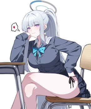 1girl blue_archive blue_bow blue_bowtie bow bowtie cardigan chair commentary_request crossed_legs desk elbow_rest heart high_ponytail highres miniskirt noa_(blue_archive) panties panty_peek ponytail purple_eyes reia_76 school_chair school_desk school_uniform simple_background sitting skirt solo spoken_heart thighs underwear white_background white_hair