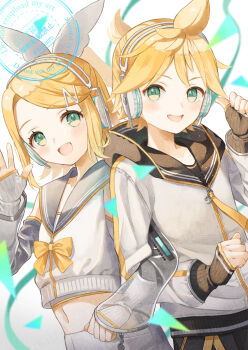 1boy 1girl :d black_pants black_sailor_collar blonde_hair bow cropped_jacket detached_sleeves green_eyes grin hair_bow hair_ornament hairpin headphones highres jacket kagamine_len kagamine_rin light_blush locked_arms looking_at_viewer navel open_mouth original-orange-610917 pants sailor_collar see-through_clothes see-through_sleeves short_hair smile upper_body vocaloid white_bow white_jacket yellow_bow yellow_trim