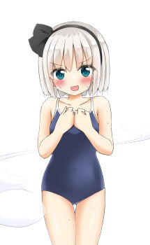 Rule 34 | 1girl, alternate costume, black hairband, blue one-piece swimsuit, blush, collarbone, commentary request, covered navel, green eyes, grey hair, hairband, highres, hitodama, konpaku youmu, konpaku youmu (ghost), looking at viewer, medium hair, one-piece swimsuit, open mouth, school swimsuit, shishiky, smile, solo, sweat, swimsuit, touhou