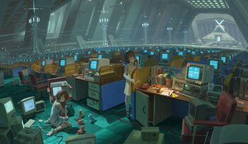 1girl asymmetrical_hair brown_hair cable chair chemise clone computer corded_phone crt cutting desk dress hair_ornament highres holding holding_phone holding_scissors holding_stuffed_toy indoors iwakura_lain lamp medium_hair monitor office on_floor phone plant potted_plant power_lines rubik&#039;s_cube scenery scissors serial_experiments_lain shanchi sitting standing stuffed_toy transmission_tower wariza white_chemise wire x_hair_ornament yellow_dress