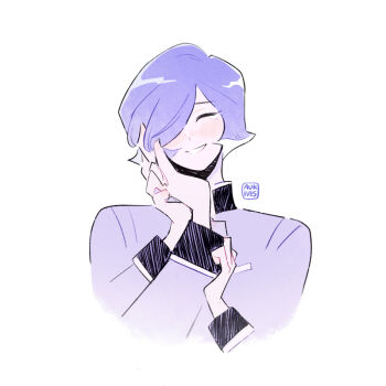 2boys ^_^ artist_name aukives bad_id bad_pixiv_id blush char_aznable closed_eyes commentary garma_zabi grin gundam hair_over_one_eye hand_on_another&#039;s_cheek hand_on_another&#039;s_face happy long_sleeves male_focus mobile_suit_gundam_the_origin multiple_boys pov pov_hands purple_hair purple_theme short_hair simple_background smile tearing_up upper_body white_background