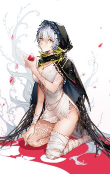 1girl ayakoayako bandaged_arm bandaged_leg bandages black_cape breasts cape cleavage closed_mouth code_vein commentary_request dress expressionless holding hood hood_up hooded_cape hooded_jacket io_(code_vein) jacket kneeling looking_at_viewer medium_breasts short_dress short_hair simple_background sleeveless sleeveless_dress solo white_background white_dress white_hair yellow_eyes