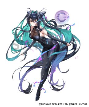 1girl absurdres aqua_hair backless_bodysuit black_bodysuit bodysuit colored_inner_hair full_body goddess_of_victory:_nikke hair_intakes highres little_mermaid_(nikke) long_hair multicolored_hair official_art rhtkd see-through_cleavage see-through_clothes solo very_long_hair yellow_eyes