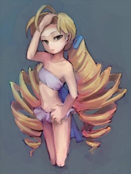 1girl bikini blonde_hair drill_hair grey_background hand_in_own_hair hand_on_own_hip long_hair looking_at_viewer luna_platz_(mega_man) mega_man_(series) mega_man_star_force_(series) midriff sakino_(sanodon) simple_background swimsuit twin_drills very_long_hair white_bikini