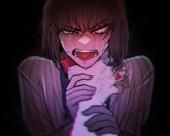 1girl 1other asphyxiation black_background black_hair blurry bob_cut chromatic_aberration coat crying crying_with_eyes_open drooling hand_on_another's_wrist hands_on_another's_neck highres lapels limbus_company messy_hair misg1111 notched_lapels open_mouth pov pov_hands project_moon red_eyes ryona ryoshu_(project_moon) short_hair simple_background strangling streaming_tears striped_coat tears teeth tongue tongue_out vertical-striped_coat