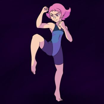 1girl armpits artist_request bandaid bandaid_on_face bandaid_on_nose bare_shoulders barefoot black_background bodysuit clenched_hand closed_mouth collarbone covered_navel feet female_focus fighting_pose fighting_stance flat_chest gen_4_pokemon gym_leader leg_up legs looking_away maylene_(pokemon) multicolored_bodysuit neck nintendo official_alternate_costume pink_eyes pink_hair pokemon pokemon_dppt serious short_hair simple_background skin_tight sleeveless sleeveless_bodysuit thighs tight_clothes tiptoes toes tomboy two-tone_bodysuit