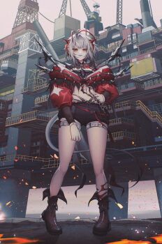 1girl ankle_boots antenna_hair arknights barbed_wire belt black_boots black_shorts boots box chimney container crane_(machine) crop_top dagger day ev-oo fingernails fire full_body grey_belt grey_hair grin highres knife lace-up_boots lava long_sleeves looking_at_viewer midriff multicolored_hair navel o-ring orange_eyes outdoors red_hair short_hair short_shorts shorts smile solo stairs standing streaked_hair tail thigh_belt thigh_strap w_(arknights) weapon wind window wis'adel_(arknights)