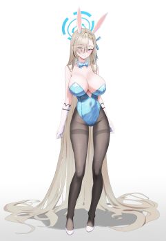 1girl absurdres asuna_(blue_archive) asuna_(bunny)_(blue_archive) blue_archive blue_eyes blue_halo blue_ribbon blush breasts button_gap commentary eyelashes eyes_visible_through_hair hair_over_one_eye hair_ribbon halo highres hwanhee large_breasts long_hair looking_at_viewer ribbon shirt short_sleeves simple_background sitting smile solo teeth white_background white_shirt