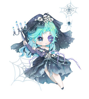 Rule 34 | 1girl, absurdres, aqua hair, bare legs, black dress, black shoes, black veil, blue eyes, blue eyeshadow, blue fire, blue lips, bone, bridal gauntlets, bridal veil, bride, bug, candle, candlestand, chibi, chinese commentary, commentary request, dot nose, dress, expressionless, eyelashes, eyeshadow, fire, frilled veil, gown, grey bridal gauntlets, hair ornament, highres, holding, holding candle, infinity nikki, light blush, light particles, lipstick, long hair, looking to the side, makeup, nameless selfless (infinity nikki), nikki (series), off-shoulder dress, off shoulder, official alternate color, one eye covered, parted lips, shenqi tuoxie zai nali, shoes, short sleeves, silk, simple background, skull hair ornament, solo, spider, spider web, tareme, torn clothes, torn dress, veil, wavy hair, wedding dress, white background