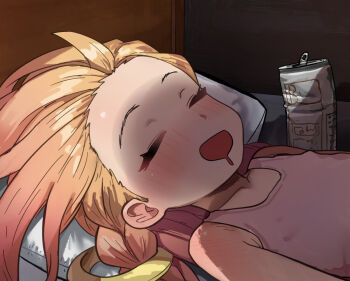 beer_can blonde_hair breasts can commentary_request covered_erect_nipples drink_can hair_rings league_of_legends loli mimizuki90 open_mouth shadow sleep_molestation sleeping tank_top upper_body zoe_(league_of_legends) zzz