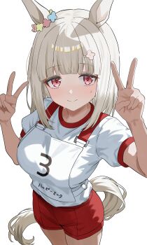 Rule 34 | 1girl, absurdres, animal ears, breasts, closed mouth, commentary request, double v, ear ornament, gym shirt, gym uniform, hair ornament, hairclip, happy meek (umamusume), highres, horse ears, horse girl, horse tail, looking at viewer, medium breasts, medium hair, red eyes, red shorts, shirt, short sleeves, shorts, smile, solo, tail, tillots, umamusume, v, white background, white hair