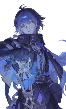 1boy antenna_hair arm_up black_capelet black_coat blue_hair capelet coat collared_capelet commentary_request corrupted_twitter_file cowboy_shot double-parted_bangs eyelashes flins_(genshin_impact) floating_hair genshin_impact gradient_hair hair_between_eyes highres holding holding_lantern hsmtmg lantern long_hair long_sleeves looking_at_viewer male_focus multicolored_hair simple_background sleeve_cuffs solo twitter_username very_long_hair white_background yellow_eyes