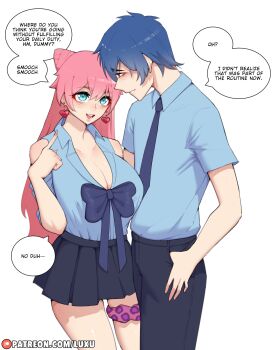 1boy 1girl absurdres blue_bow blue_eyes blue_hair blue_necktie blue_shirt blue_skirt blush bow clothing_cutout collared_shirt commentary cone_hair_bun couple double_bun earrings english_commentary english_text fuufu_ijou_koibito_miman. hair_bun heart heart_earrings hetero highres jewelry luxu necktie patreon_username pink_hair pink_nails red_eyes school_uniform shirt shoulder_cutout skirt smile speech_bubble thigh_scrunchie watanabe_akari white_background yakuin_jirou