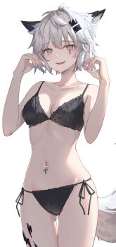 Rule 34 | 18 yen coin, 1girl, absurdres, animal ears, arknights, black bra, black panties, bra, commentary request, cross piercing, grey eyes, highres, lappland (arknights), looking at viewer, material growth, navel piercing, open mouth, oripathy lesion (arknights), panties, piercing, scar, scar across eye, scar on face, side-tie panties, simple background, smile, solo, tail, underwear, underwear only, white background, wolf ears, wolf girl, wolf tail