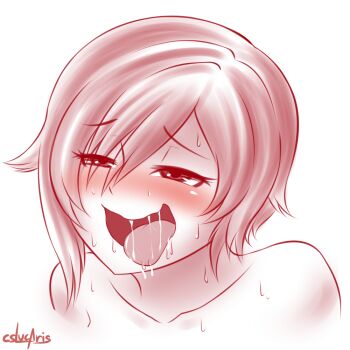 1girl ahegao blush cslucaris drooling female_focus monochrome naughty_face nude ruby_rose rwby sexually_suggestive solo spot_color sweat tongue tongue_out white_background