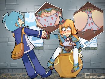 1boy 1girl ass bag black_eyes blonde_hair blue_capelet blue_footwear blue_hair blue_hat blue_jacket blue_pants blue_skirt blush boots breasts brown_corset capelet character_request closed_eyes cloud corset devil_liro fia_(madou_monogatari) flower flying_sweatdrops food_print fruit_print grey_panties hair_ribbon hat hat_flower highres jacket long_hair madou_monogatari madou_monogatari:_fia_to_fushigi_na_gakkou multiple_views open_mouth panties pants print_panties pulling puyopuyo red_ribbon ribbon sega shirt shoes short_hair sitting skirt sky small_breasts standing strawberry_panties strawberry_print stuck sweat teeth thighhighs underwear vase white_shirt white_thighhighs window witch witch_hat