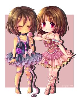 1girl 1other \||/ ^_^ alternate_costume arm_at_side ballerina bare_arms bare_legs bare_shoulders barefoot blue_dress blush border bracelet breasts brown_hair candydantel chara_(undertale) choker closed_eyes closed_mouth collarbone commentary crossed_legs deformed double-parted_bangs dress dress_flower drop_shadow english_commentary floral_print floral_print_dress flower food frilled_dress frilled_sleeves frills frisk_(undertale) full_body genderswap genderswap_(otf) gold_choker hair_between_eyes hand_up heart heart_choker highres holding holding_ice_cream_cone holding_knife ice_cream ice_cream_cone jewelry knife lace lace-trimmed_dress lace_trim looking_at_viewer making-of_available medium_hair off-shoulder_dress off_shoulder outside_border painttool_sai_(medium) parted_lips pink_background pink_dress pink_flower pink_rose pink_shoes print_dress purple_dress purple_flower purple_rose red_eyes rose shoes short_dress short_sleeves simple_background sleeveless sleeveless_dress small_breasts smile spaghetti_strap standing undertale utdr_(toby_fox) white_border yellow_flower yellow_rose